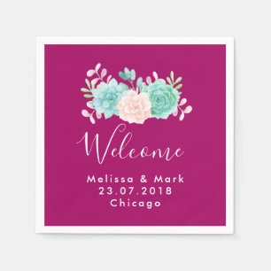 Pastel Pink & Green Floral Bouquet Welcome Wedding Napkin