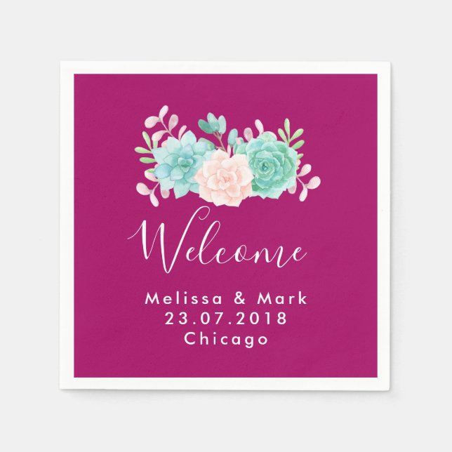 Pastel Pink & Green Floral Bouquet Welcome Wedding Napkin (Front)