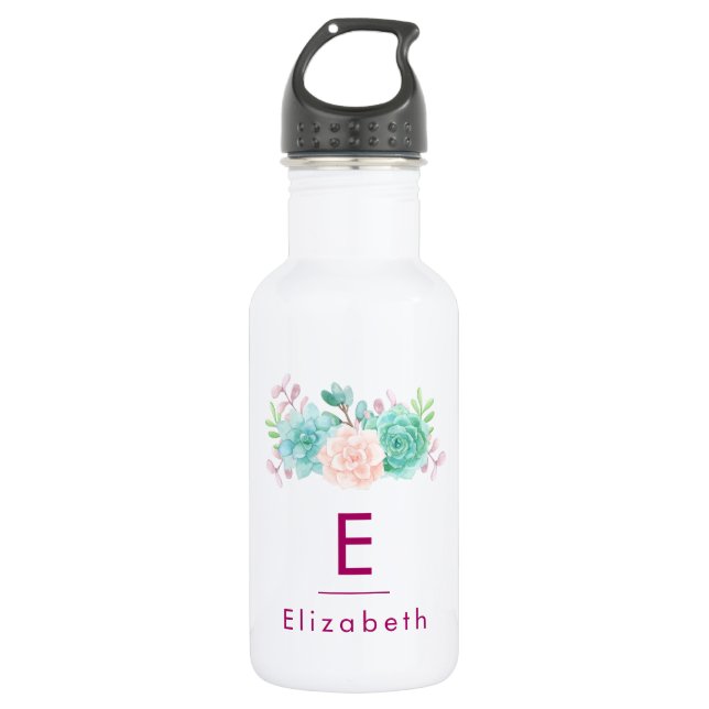Pastel Pink & Green Floral Bouquet with Monogram 532 Ml Water Bottle (Front)