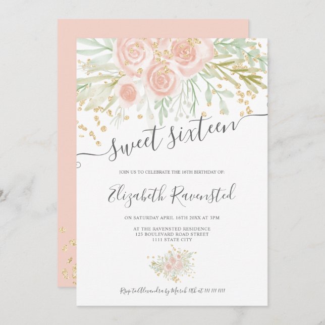 Pastel pink green floral watercolor sweet sixteen invitation (Front/Back)