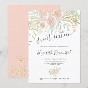 Pastel pink green floral watercolor sweet sixteen invitation