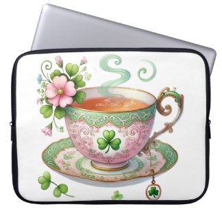 PASTEL PINK & GREEN IRISH CUP OF TEA & SHAMROCKS LAPTOP SLEEVE
