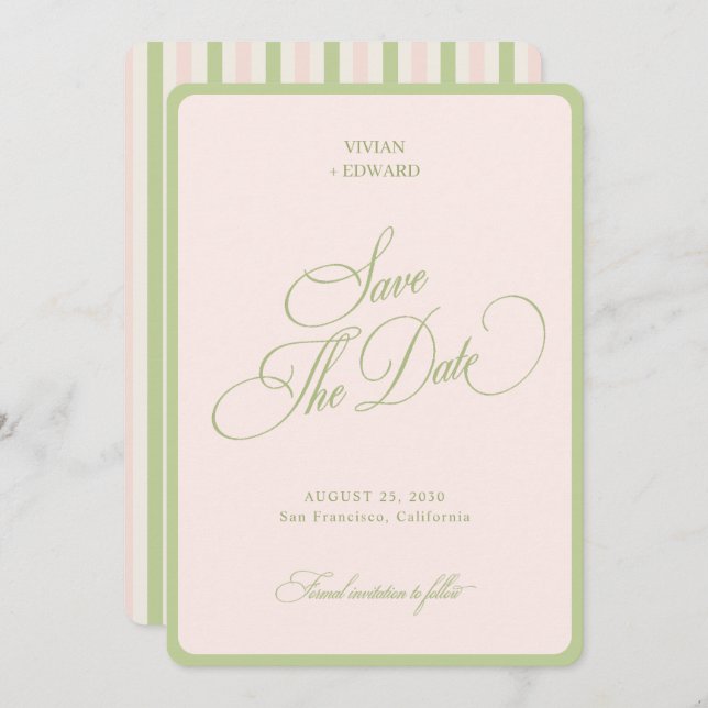 Pastel Pink & Green Stripes Border Retro Wedding Save The Date (Front/Back)