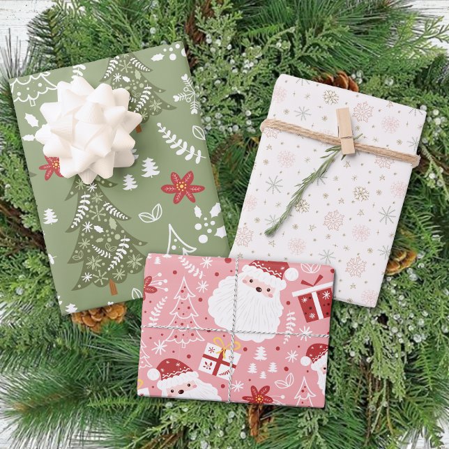  Pastel Pink Green Tree Santa Snowflakes Christmas Wrapping Paper Sheet (Creator Uploaded)