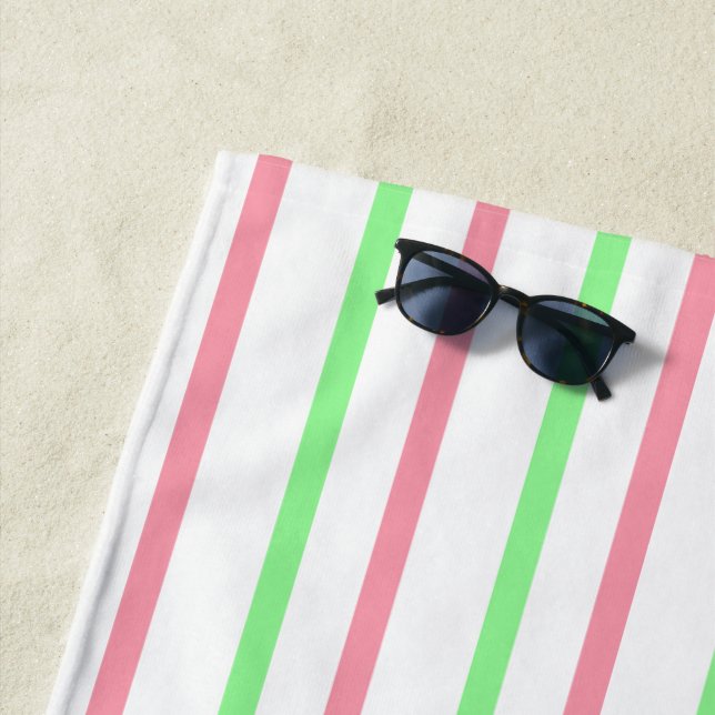 Pastel Pink Green White Stripes Beach Towel (In Situ)