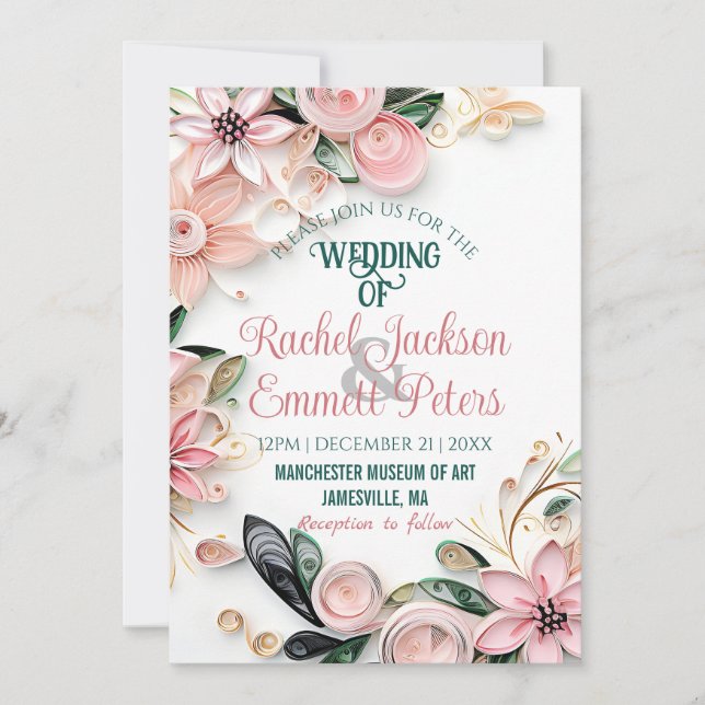 Pastel Pink Greenery Wedding Frame Paper Quilling Invitation (Front)