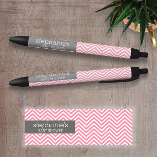 Pastel Pink & Grey Chevrons Baby Shower Collection Black Ink Pen