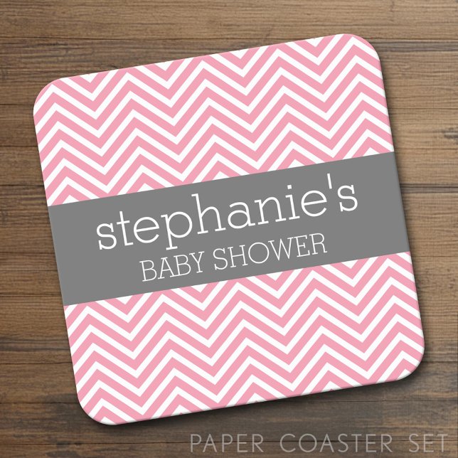 Pastel Pink & Grey Chevrons Baby Shower Collection Square Paper Coaster (Custom Coaster Set)