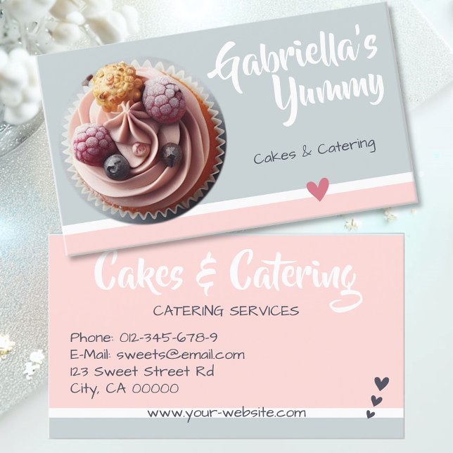 Pastel Pink Grey Cupcake Cake Photo Template Sweet Business Card (Creator Uploaded)