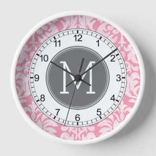 Pastel Pink & Grey Damask Pattern Custom Monogram Wall Clock