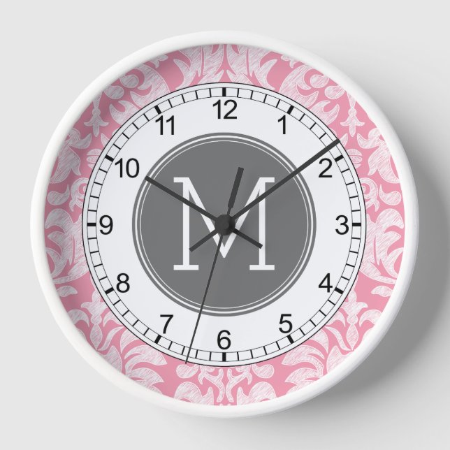 Pastel Pink & Grey Damask Pattern Custom Monogram Wall Clock (Front)