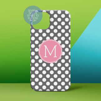 Pastel Pink & Grey Polka Dots with Custom Monogram iPhone 15 Case