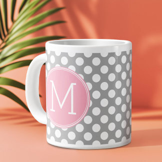 Pastel Pink & Grey Polka Dots with Custom Monogram Large Coffee Mug