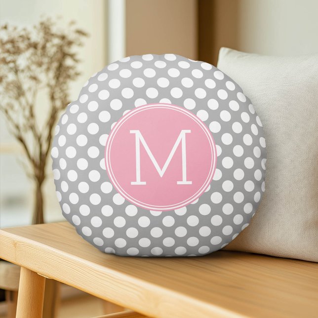 Pastel Pink & Grey Polka Dots with Custom Monogram Round Cushion (Custom Pillow)