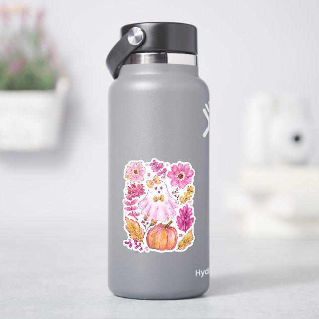 Pastel Pink Halloween Ghost with Flowers and Pumpk (HydroFlask)