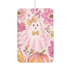 Pastel Pink Halloween Ghost with Flowers and Pumpk Car Air Freshener