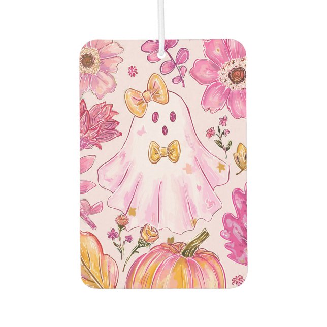Pastel Pink Halloween Ghost with Flowers and Pumpk Car Air Freshener (Front)