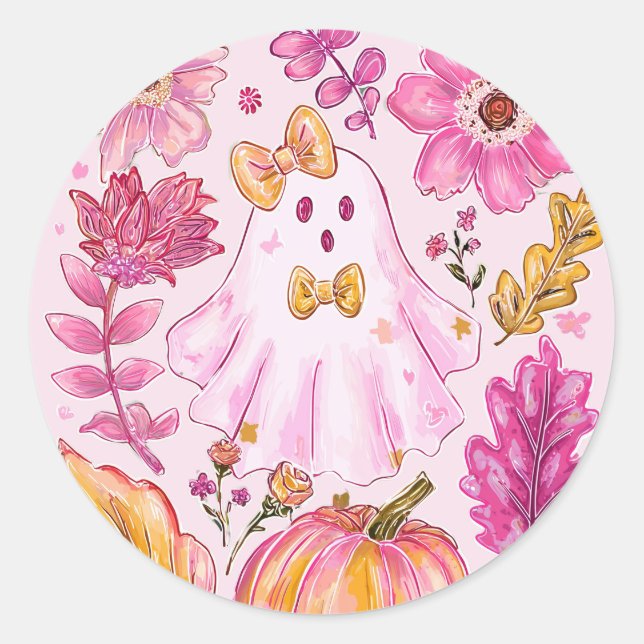 Pastel Pink Halloween Ghost with Flowers and Pumpk Classic Round Sticker (Front)