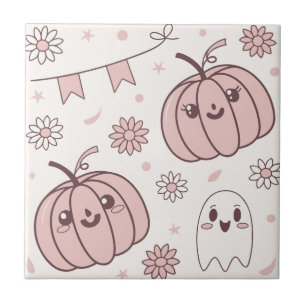 Pastel Pink Halloween Seamless Pattern (2) Ceramic Tile