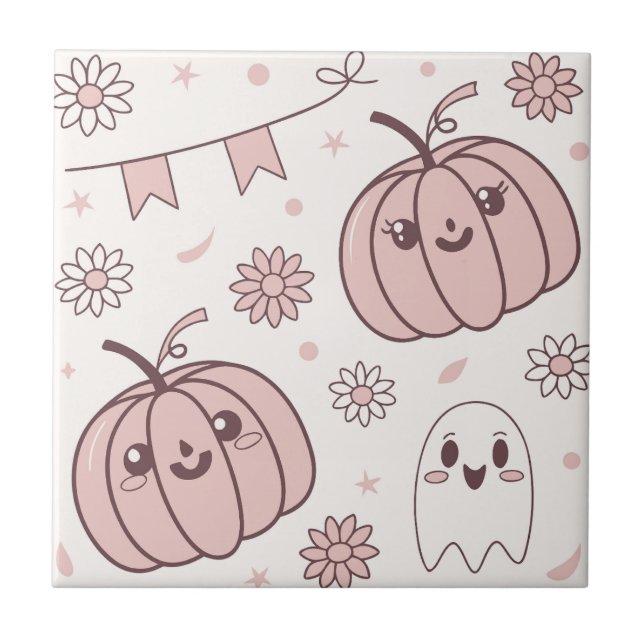 Pastel Pink Halloween Seamless Pattern (2) Ceramic Tile (Front)
