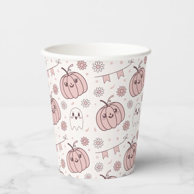Pastel Pink Halloween Seamless Pattern (2) Paper Cups (Front)