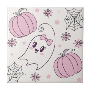 Pastel Pink Halloween Seamless Pattern (4) Ceramic Tile