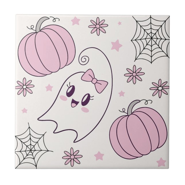 Pastel Pink Halloween Seamless Pattern (4) Ceramic Tile (Front)