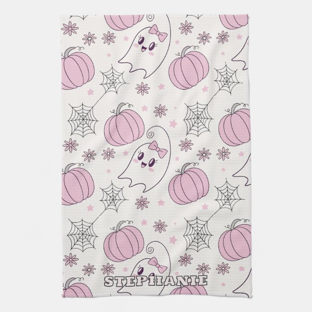 Pastel Pink Halloween Seamless Pattern (4) Tea Towel (Vertical)