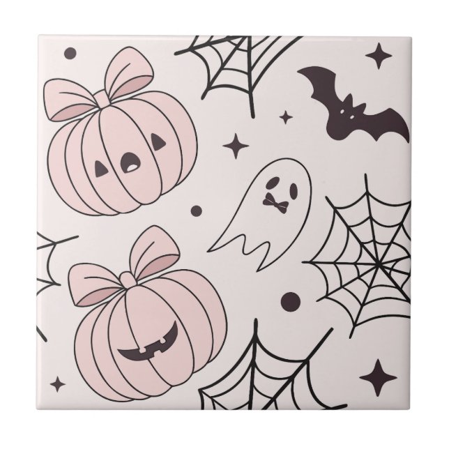 Pastel Pink Halloween Seamless Pattern (5) Ceramic Tile (Front)