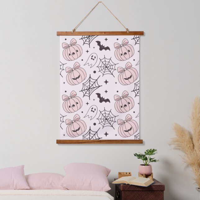 Pastel Pink Halloween Seamless Pattern (5) Hanging Tapestry (Bedroom)