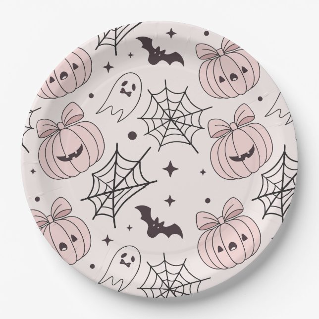 Pastel Pink Halloween Seamless Pattern (5) Paper Plate (Front)