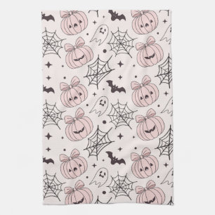 Pastel Pink Halloween Seamless Pattern (5) Tea Towel