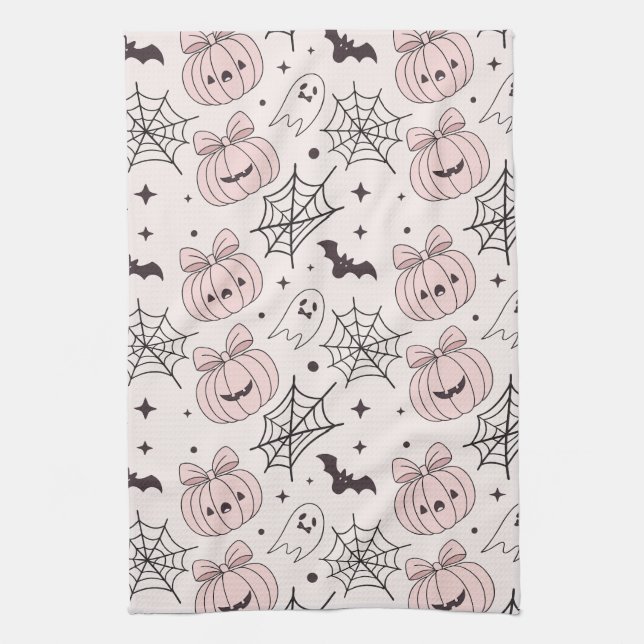 Pastel Pink Halloween Seamless Pattern (5) Tea Towel (Vertical)