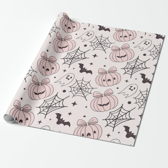 Pastel Pink Halloween Seamless Pattern (5) Wrapping Paper (Unrolled)