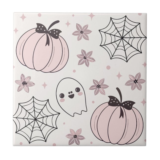 Pastel Pink Halloween Seamless Pattern Ceramic Tile (Front)