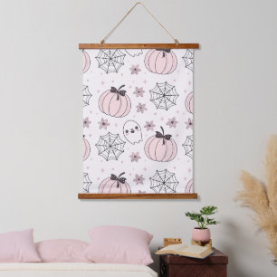 Pastel Pink Halloween Seamless Pattern Hanging Tapestry