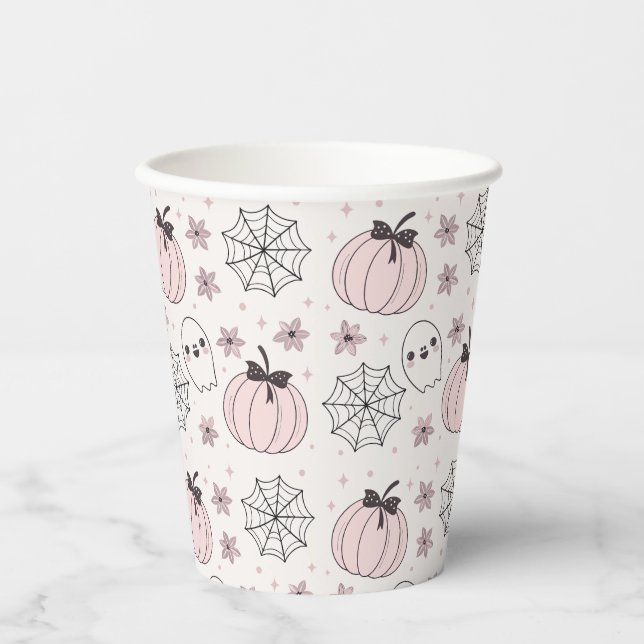 Pastel Pink Halloween Seamless Pattern Paper Cups (Front)