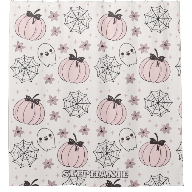 Pastel Pink Halloween Seamless Pattern Shower Curtain (Front)