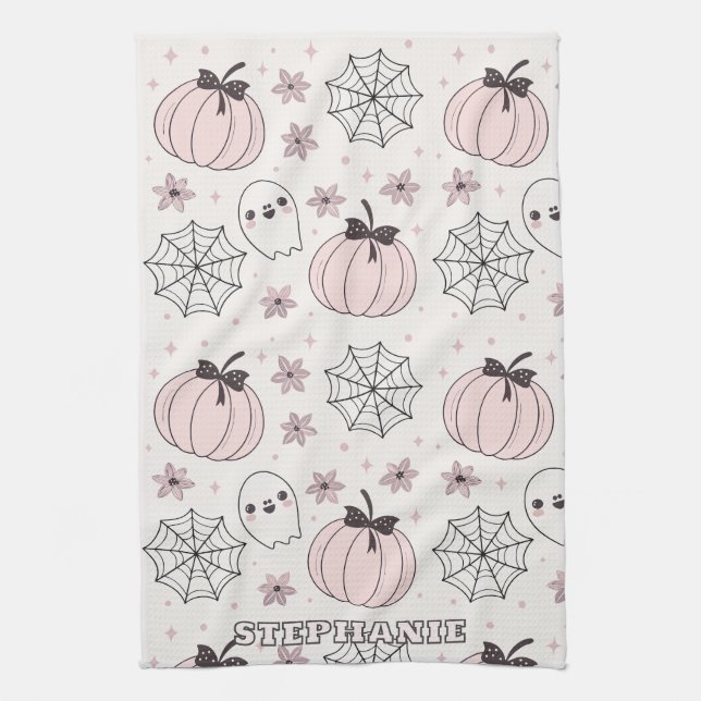 Pastel Pink Halloween Seamless Pattern Tea Towel (Vertical)
