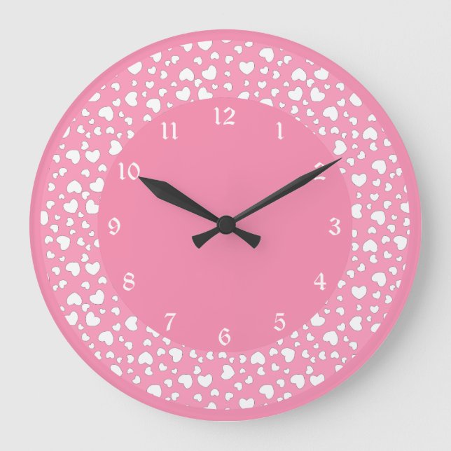 Pastel Pink Heart Polka Dot Pattern Large Clock (Front)