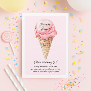 Pastel Pink Ice Cream Cone Birthday Party  Invitation