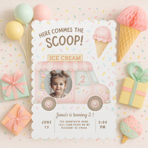 Pastel Pink Ice Cream Truck Photo Birthday  Invitation