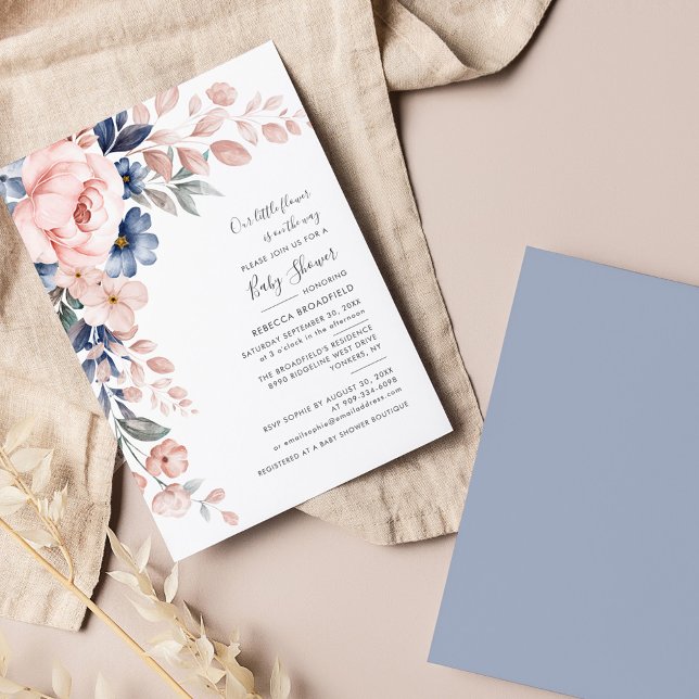 Pastel Pink Indigo Blue Floral Bloom Baby Shower Invitation (Pink Floral Script Watercolor Baby Shower Invitation)