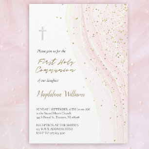 pastel pink ink and FAUX glitter First Communion Invitation