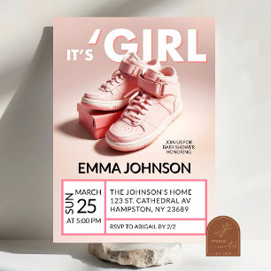 Pastel Pink It's A Girl Sneaker Baby Shower Invitation