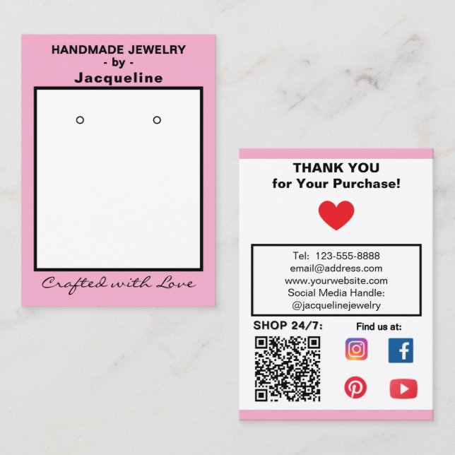 Pastel Pink Jewelry Earrings Social QR Code Business Card (Front/Back)