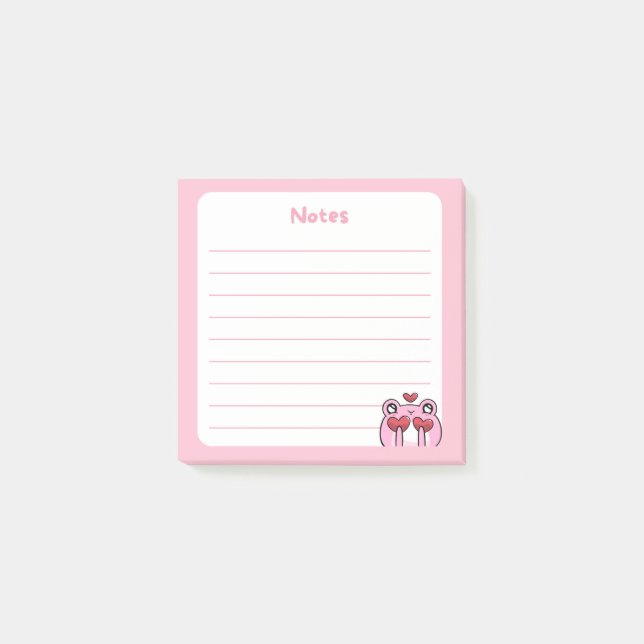 Pastel Pink Kawaii Chibi Frog Holding Hearts Post-it Notes (Front)