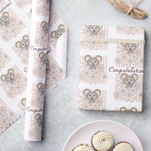 Pastel Pink Koala Baby Girl Shower / Kids Birthday Wrapping Paper (Creator Uploaded)