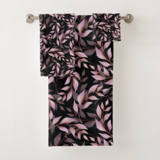 Pastel Pink Leaves and Black Pattern Bath Towel Set
