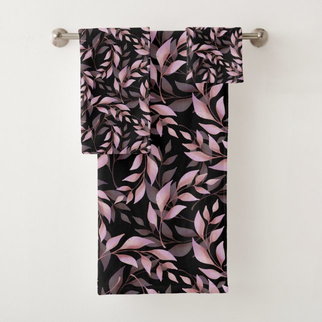 Pastel Pink Leaves and Black Pattern Bath Towel Set (Insitu)